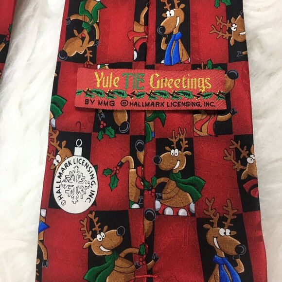Vintage Christmas Tie Yule Tie Greetings Hallmark Reindeer 100% Silk Holiday - Picture 4 of 6